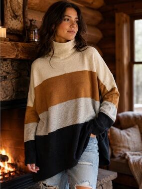 Umgee Colorblock Turtleneck Sweater in Cream, Camel, Gray & Black